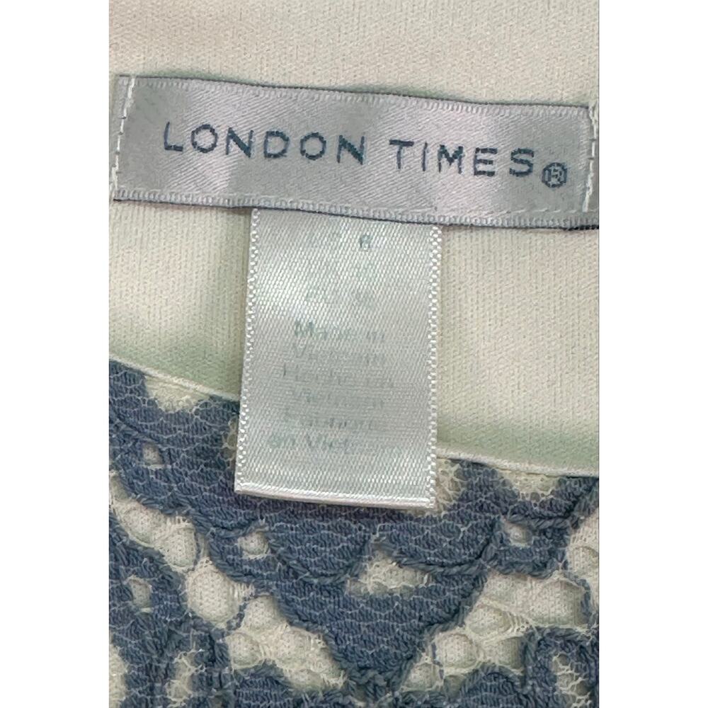London Times Blue White Lace Sheath Dress Elegant Floral Crochet Overlay Size 6 - Picture 7 of 12